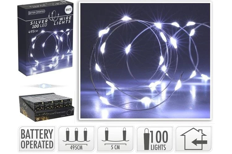 Bateria 100 LED Fio Prateado Branco