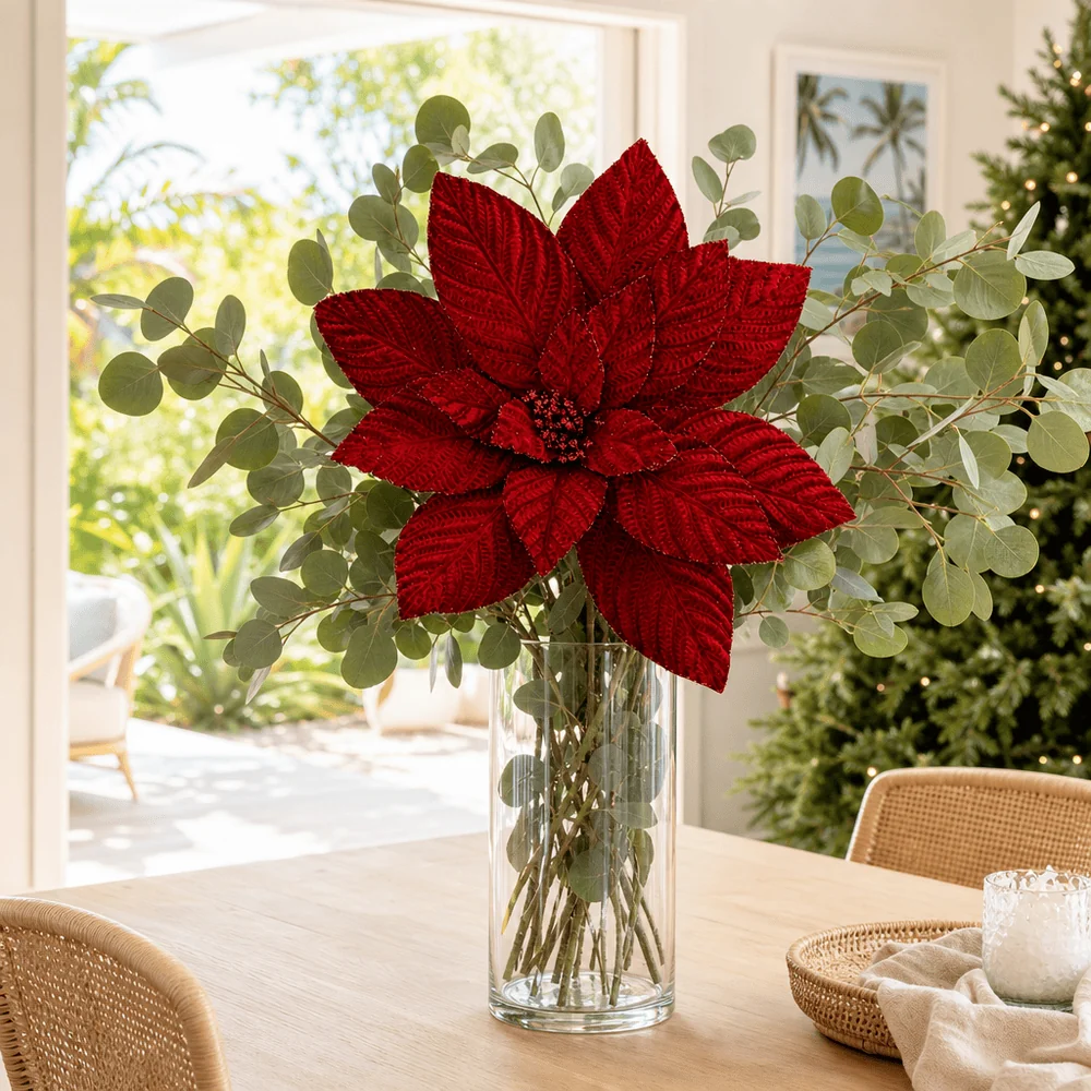 Haste de poinsétia de veludo vermelho (50cm)