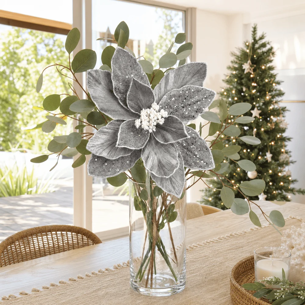 Poinsétia de Veludo Platina (29cm)
