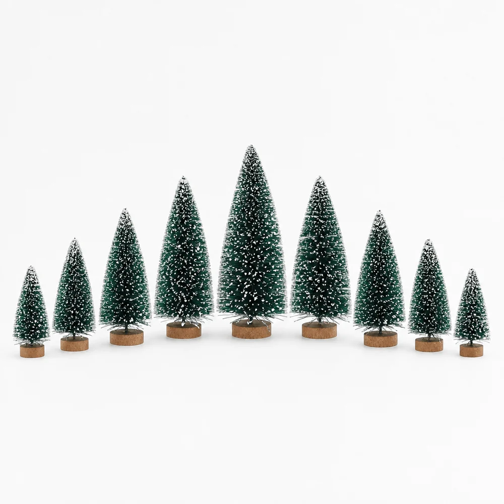 Mini árvore de cerdas com base dourada kit com 9 unidades