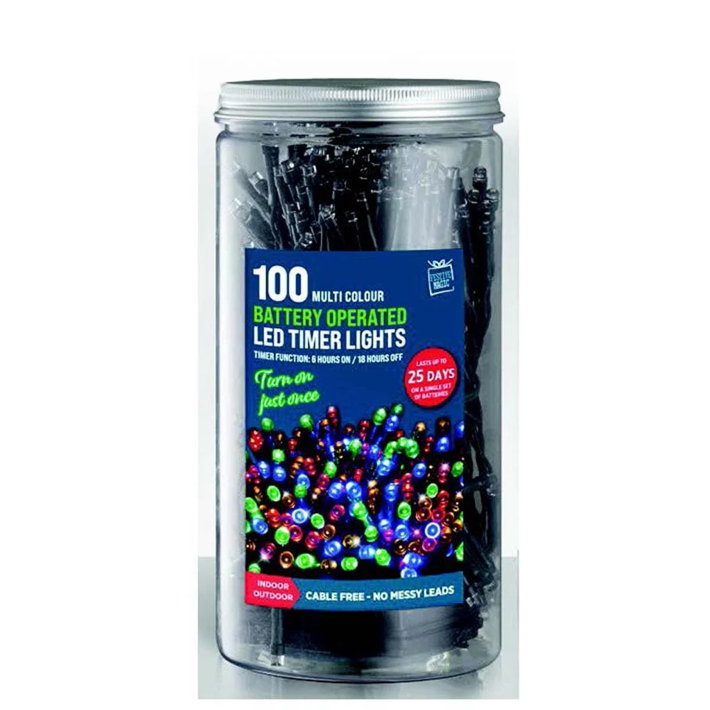 100 Baterias LED Multicolorido Luzes em Jarra com Temporizador