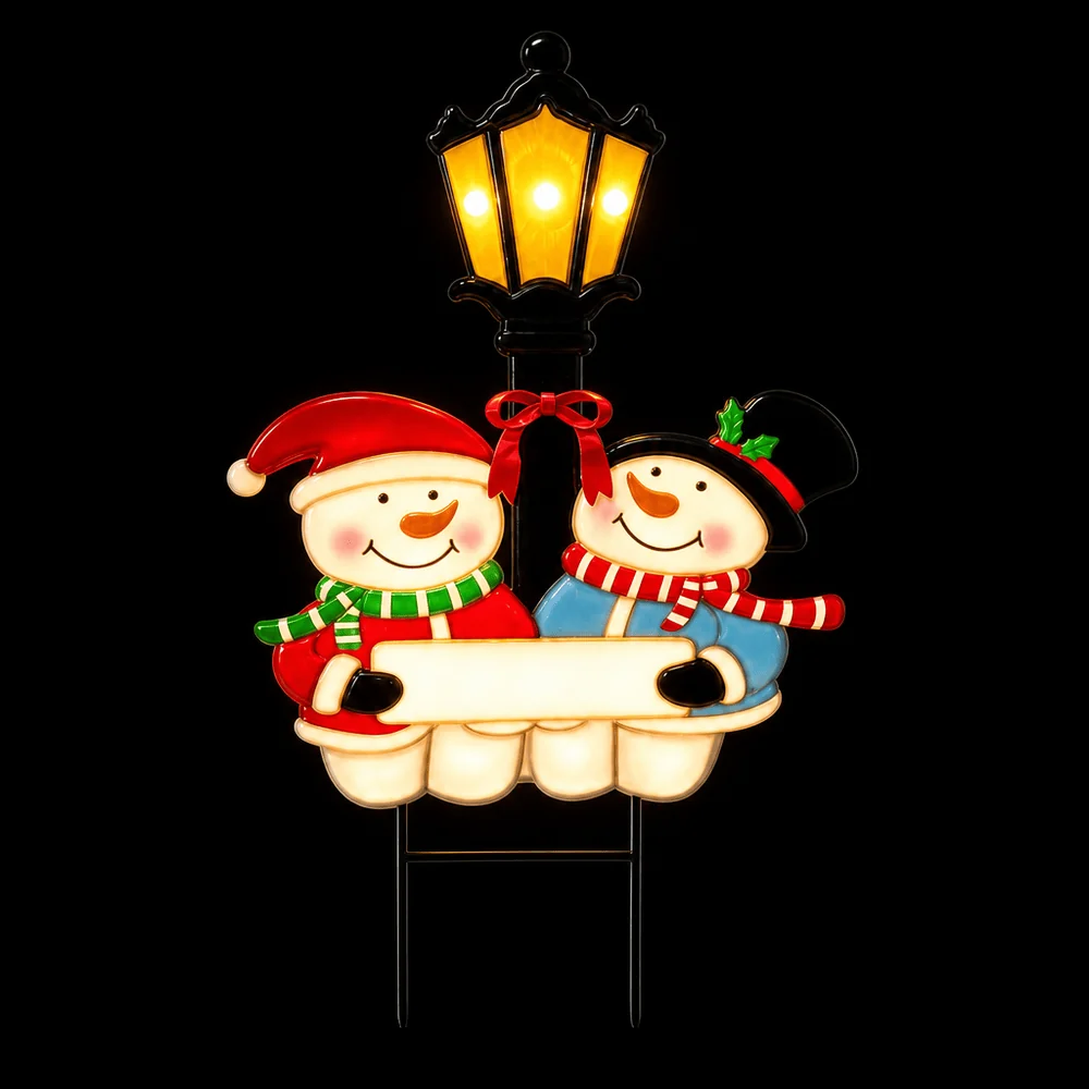 LED Bonecos de neve de metal e sinal de estaca de lanterna