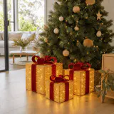Kit com 3 presentes metálicos de fio LED dourado e vermelho